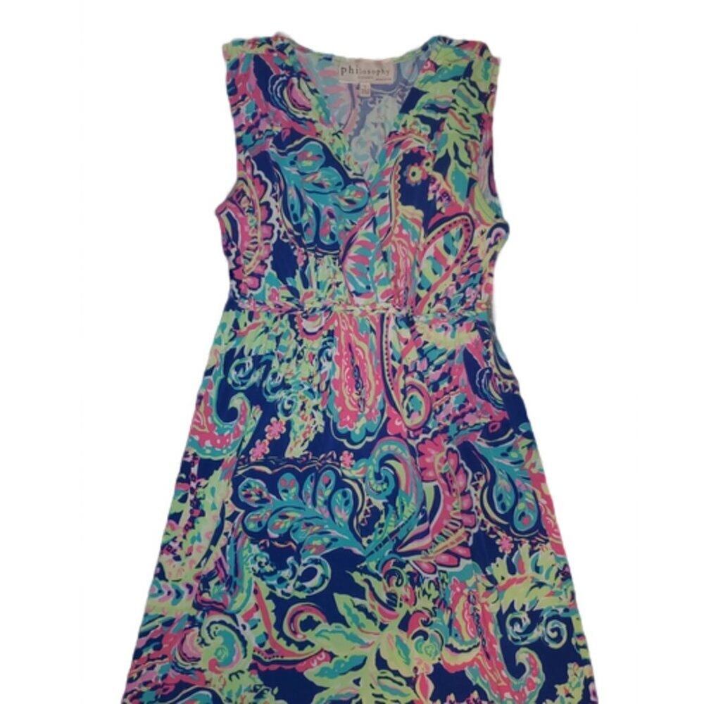 Philosophy Women Maxi Dress Blue/Pink/Green Multicolor Paisley Stretch L EUC